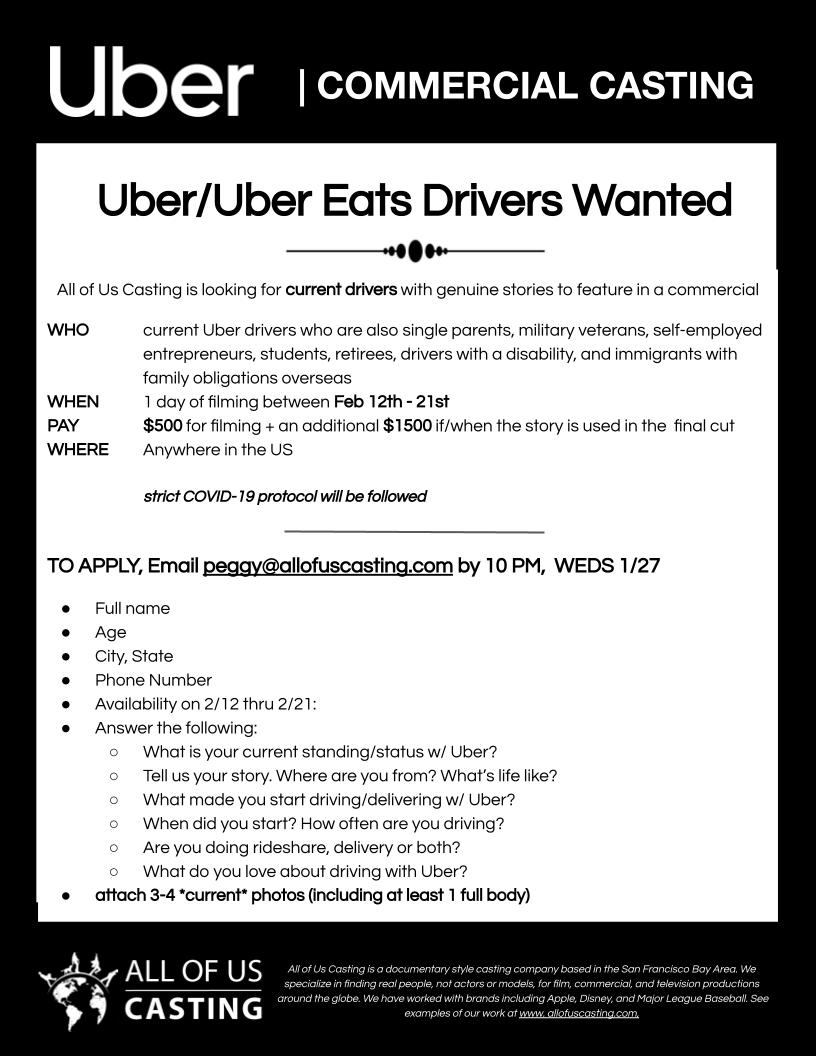 Uber/Uber EATS Drivers Needed for a commercial RideGuru